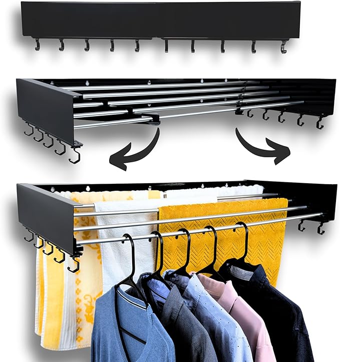 Wall Mounted Laundry Drying Rack, Retractable & Foldable, 31.5" Wide, 13.2 Linear Ft, 5 Heavy-Duty Aluminum Rods, 60 lb Capacity, Space-Saving Design, Easy Installation, Indoor/Outdoor (Black)