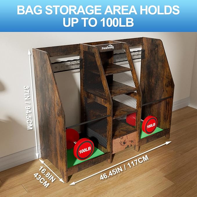 Golf Bag Storage Organizer for Garage, Premium Wooden 2 Golf Bags Rack with Drawer, Easy Assemble Golf Club Stand/Holder Suitable for Garage Home Simulator and Office
