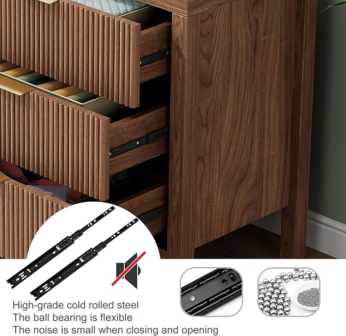 3 Drawer Dresser for Bedroom, Modern Wooden Chest with Handles, Fluted Dresser with Wide Drawers and Bearing Slide for Hallway, Entryway, Walnut