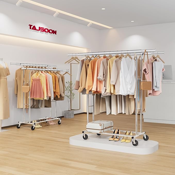 Tajsoon Double Rod Clothes Rack 480 LBS, Heavy Duty Clothing Rack with Wheels, Collapsible Clothes Rack for Hanging Clothes, Commercial Rolling Garment Rack with Shelf, Chrome