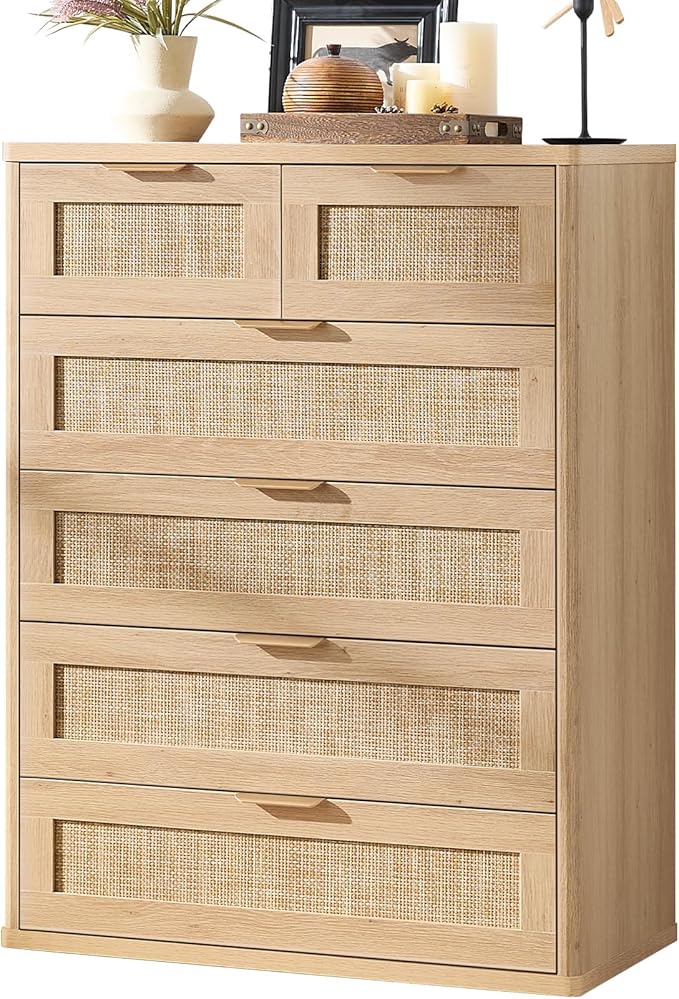 LEYAOYAO Rattan Dresser for Bedroom, 42" Tall Chest of Drawers, Modern 6 Drawers Boho Dressers with Storage, Light Oak Dresser Wooden Closet Organizer for Living Room, Hallway, Natural Wood
