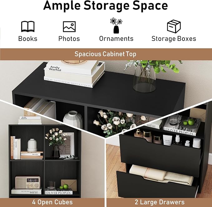 Giantex Bookshelf with 4 Cubes & 2 Drawers, 51” Tall Floor Bookcase with Anti-tip Kits, Freestanding Display Rack Storage Organizer for Study, Living Room, Home Office (Black)