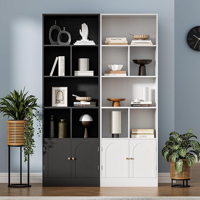 71" Tall Bookshelf with 6 Cubes and 2 Doors, 4-Tier Bookshelf, Open Shelf Bookcase with Cabinet, Modern Cube Storage Organizer for Living Room, and Office, White