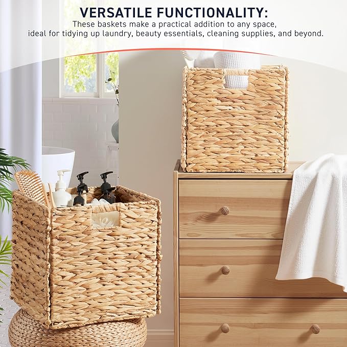 Ornavo Home 13 x 13 Inch Water Hyacinth Baskets Set of 6 – Handwoven Collapsible Wicker Storage Cube Bins with Handles for Bathroom, Bedroom, Laundry and Pantry - Natural