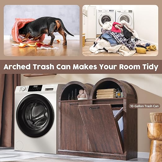 Arch Tilt-Out Trash Can Cabinet, Fluted Kitchen Trash Can 10 Gallon with Open Shelf, Modern Laundry Hamper Cabinet, Hidden Garbage Can with Storage Basket for Living Room, Kitchen Brown