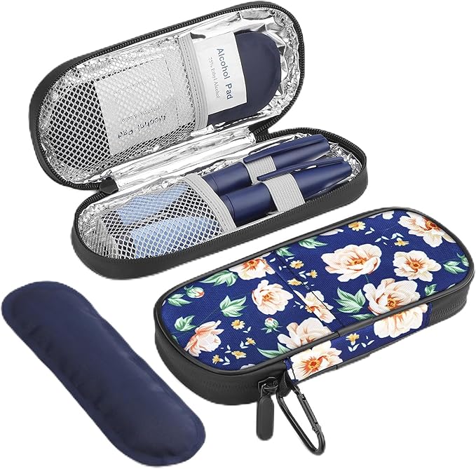Insulin Cooler Travel Case Diabetic Medication Insulated Cool Organizer with 2 Reusable Ice Packs for Insulin Pen and Other Diabetic Supplies, for The Daily Life and Trip, White Flower
