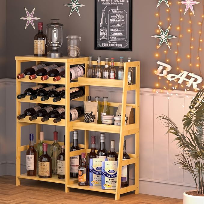 VASMIA Versatile Liquor Stand for Home Bar, Wine Rack Freestanding Floor, Mini Bar Table with Bamboo Trapezoidal Liquor Bottle Display Shelf Cabinet for Living Room, Natural