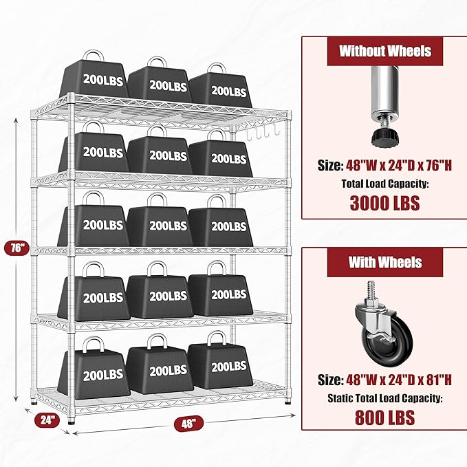 PrimeZone 5 Tier 48" Wx24''Dx81''H Wire Shelving with Wheels 3000lbs NSF Certified Storage Shelves Heavy Duty Metal Shelf Adjustable Rolling Rack Commercial Garage Restaurant Warehouse Chrome 4Pack