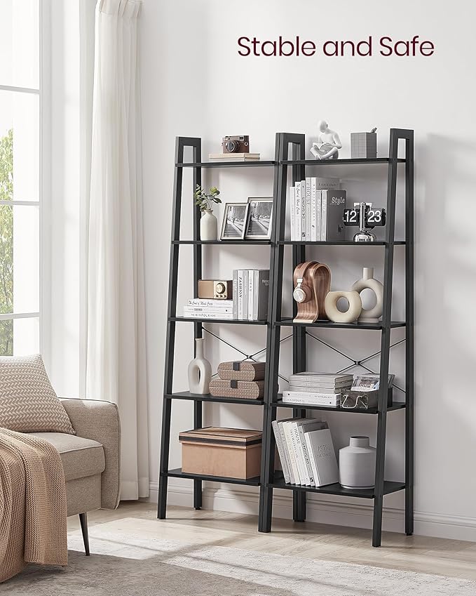 VASAGLE Ladder Shelf, 5-Tier Bookshelf, Storage Rack, Bookcase with Steel Frame, for Living Room, Home Office, Kitchen, Bedroom, Industrial Style, Ebony Black and Ink Black ULLS045B56