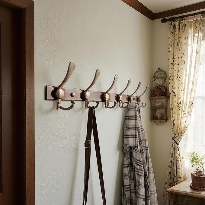 Dseap Coat Rack Wall Mount 2.0 Pro: 24” Long, 3X Tougher, Heavy Duty Stainless Steel Wall Coat Hanger with 6 Tri Hooks for Clothes Jackets Hats Entryway Closet, Antique Copper
