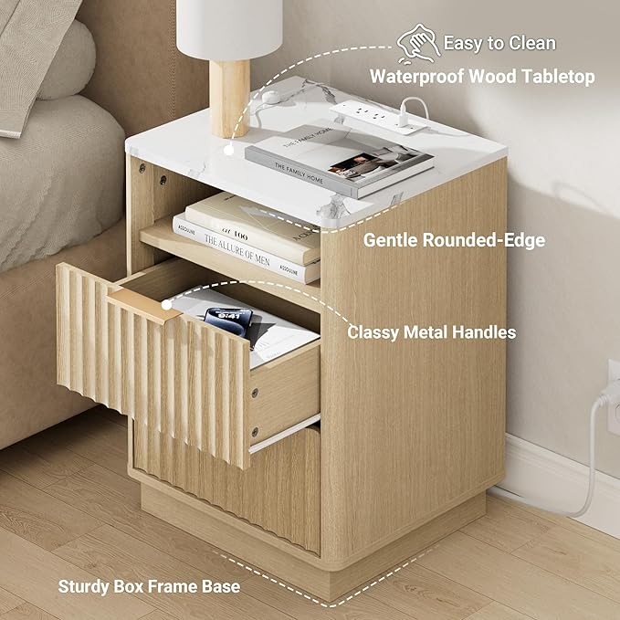 Fluted Night Stand with Charging Station, 18" Modern Nightstand with Faux Marble Top, 2 Drawers End Table with Storage, Bedside Table for Bedroom Living Room, Curved Profile (Natural Oak)