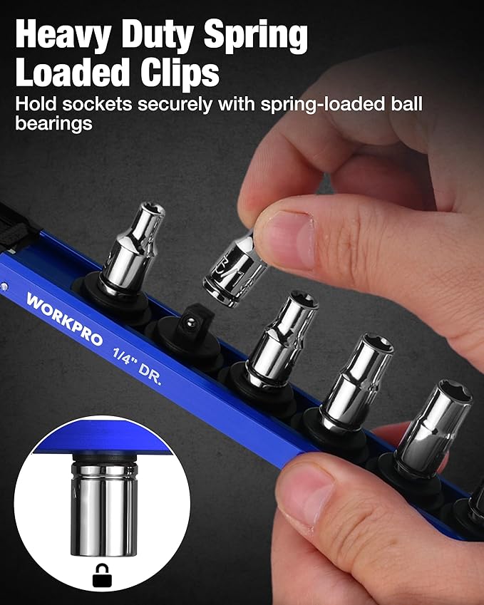WORKPRO Magnetic Socket Organizer, 1/4" Drive Aluminum Alloy Socket Holder, Heavy Duty Socket Rail with 12 PC Removable Socket Clips, Socket Organizer Tray for Tool Box Drawer (Sockets Not Included)