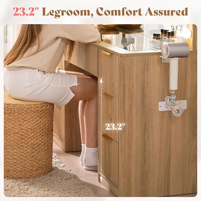 AMERLIFE 36.2" Fluted Vanity Desk with Mirror and Adjustable LED Lights, Large 4 Drawers Makeup Table with Glass Top and Charging Station for Women and Girls, Bedroom or Dorm, Natural Oak