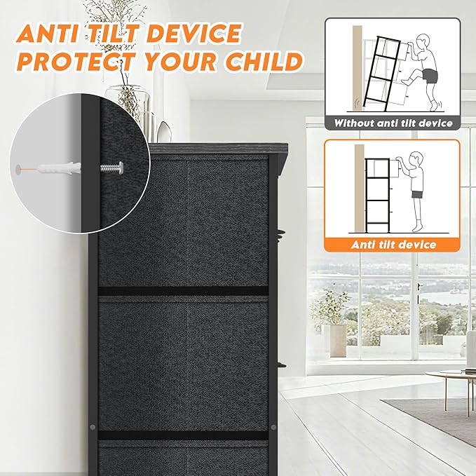 Curved Profile Dresser for Bedroom, Chest of Drawers, 9 Storage Drawers Organizer Unit, Black Dresser with Fabric Bins for Closet, Living Room, Kid Room (Charcoal Black)