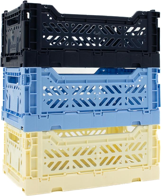 Collapsible Storage Box, Foldable Crate Organizer Bin with Handle, Stackable Crates for Home Organization (Navy-Blue-Cream, 4L -3-Pack)