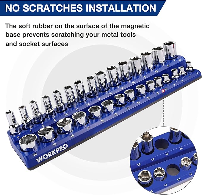 WORKPRO Magnetic Socket Organizer Set, 6-Piece Socket Holder Set Includes 1/4", 3/8", 1/2" Drive Metric SAE Socket Trays, Holds 143 Pieces Sockets, Christmas Gift for Men(Socket not Included)