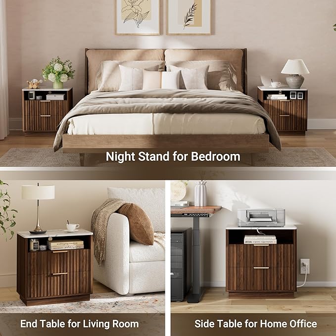 Large Fluted Night Stand with Charging Station, 23" Modern End Table with Faux Marble Top, 2 Drawers Nightstand with Storage, Side Table for Bedroom Living Room, Curved Profile (Walnut)