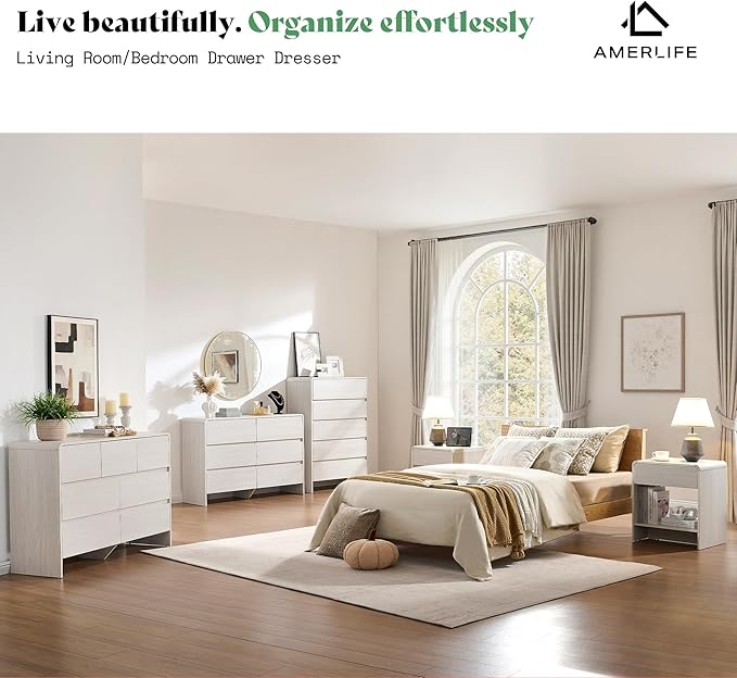 AMERLIFE 5 Drawer Dresser for Bedroom, 48" Tall Modern Chest of Storage Drawers with Rounded Corners, Anti-Tip Kit, Wood Cabinet Organizer for Closet, Apartment, Nursery, Easy Assembly, White