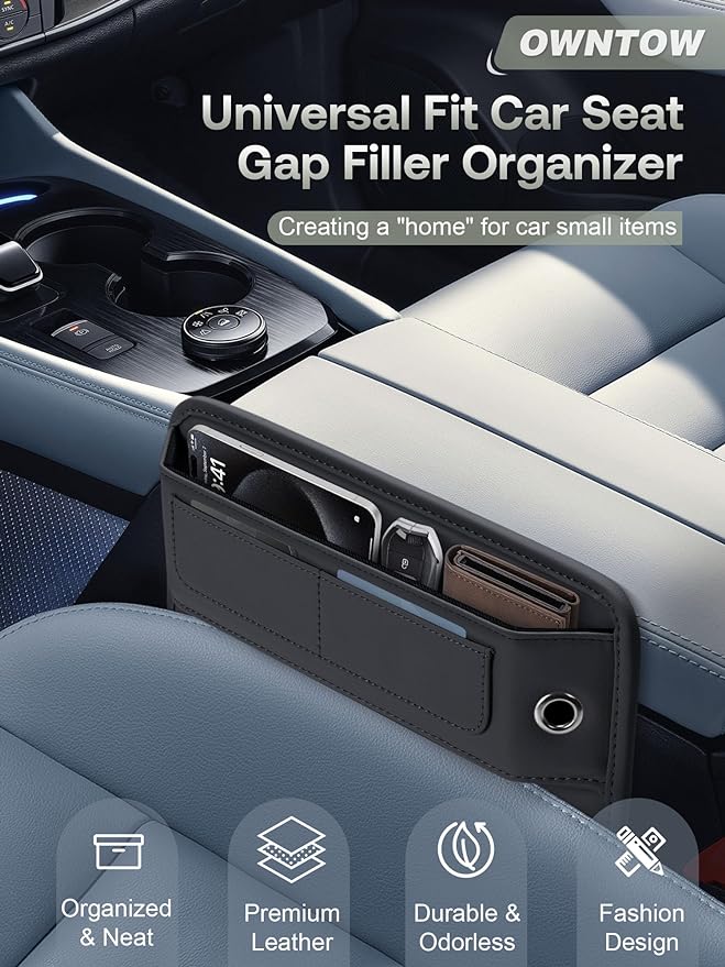 Universal Fit Premium Leather Car Seat Gap Filler Organizer, Center Console Organizer with Card Slots for Car Suv Truck (Black, 2 Pack)