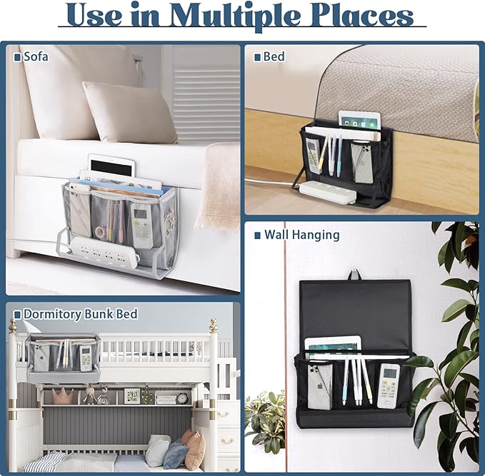 Bedside Caddy Bedside Storage Organizer Bedside Organizer with Power Strip Holder and 2 Adjustable Straps for Home Bunk Bed College Dorm Sofa (2 Pack Black)