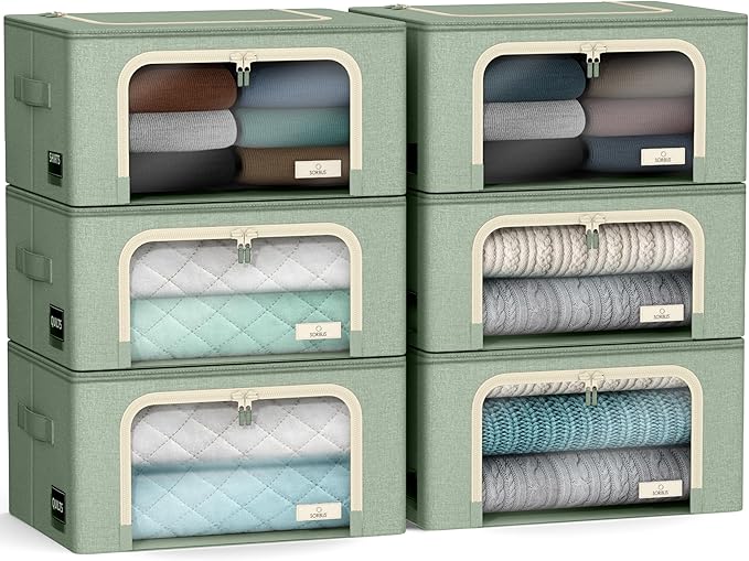 Sorbus Storage Bins with Metal Frame - Stackable & Foldable Clothes Organizer Bags - Oxford Fabric Storage Containers with Large Clear Window & Carry Handles, Bedroom Organization for Bedding & Linen