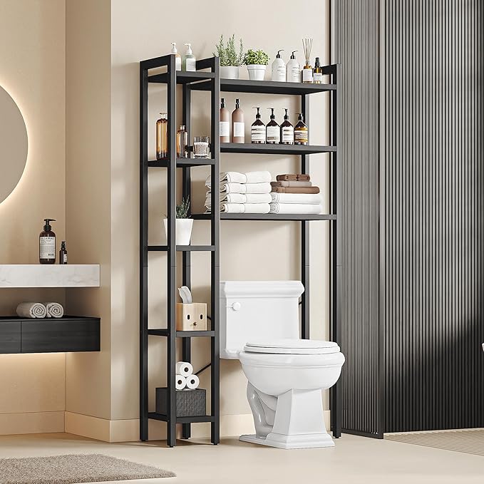 IRONCK Over The Toilet Storage with 8-Titer Shelf, Mass-Storage Side Storage Open Rack, Freestanding Bathroom Organizer Space Saver, for Bathroom, Restroom, Laundry, Black