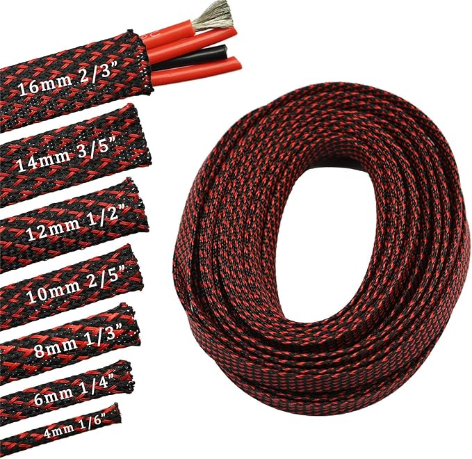 30ft PET Expandable Sleeving Wire Cable Sleeve (1/4", Red&Black)