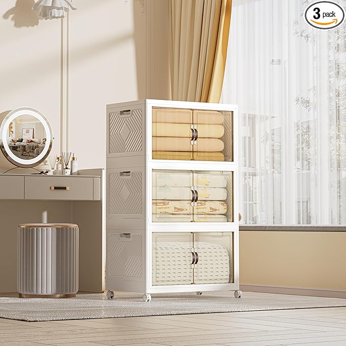 312 QT / 78 Gal Large Foldable Stackable Plastic Storage Cabinet with Double Magnetic Doors, Leather Handles & 4 Wheels - Organize Home, Office, Closet