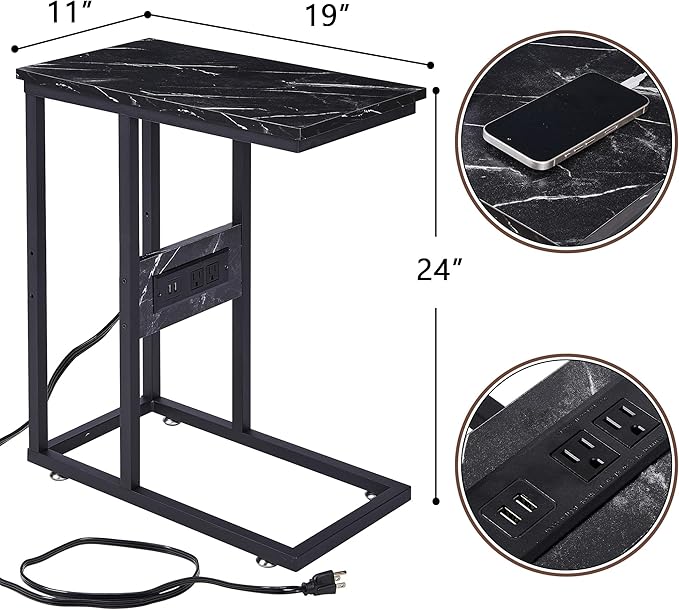 VECELO C Shaped End Side Table with Charging Station & Power Outlets for Couch Sofa/Bed, Snack TV Tray with Metal Frame for Living Room Bedroom 2 PCS Black Marble