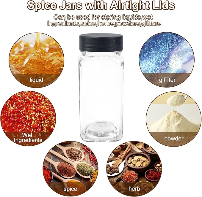 48Pcs Spice Jars Containers with Labels，4oz Black Seasoning Bottles with Shaker Lids for Rack, Cabinet, Drawer,Empty Square Condiment Pots (48, Black)