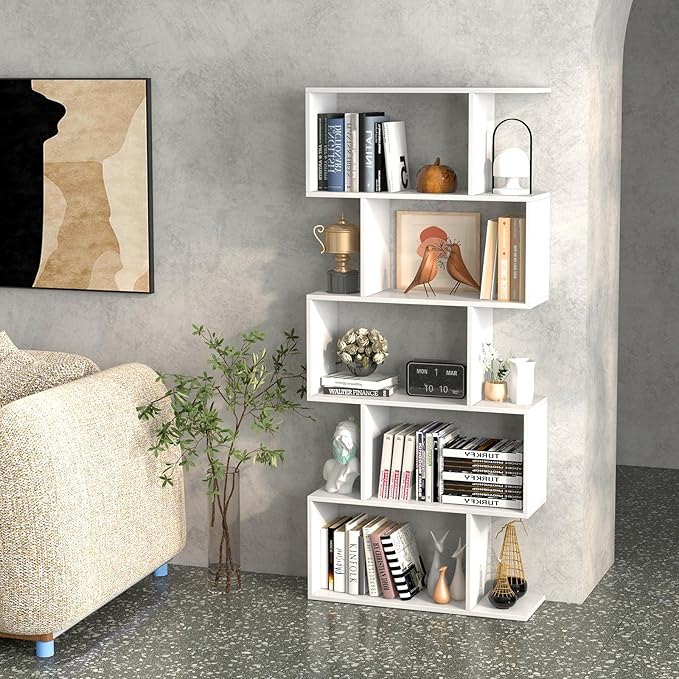 5-Tier Geometric Bookcase, 62.5” Freestanding Room Divider Bookshelf with Open Display Shelves & Anti-tip Device, Wood S-Shaped Storage Organizer for Living Room, Bedroom, Study & Home Office