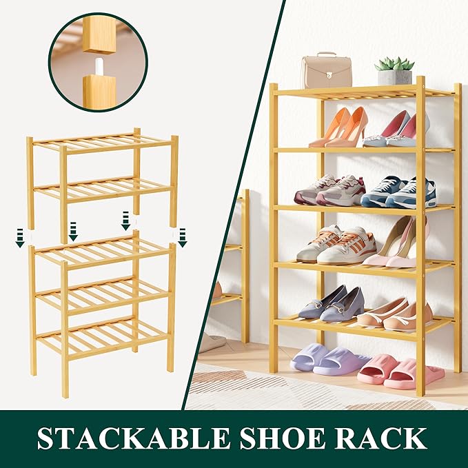 Smiry Bamboo Shoe Rack for Closet, 6 Tier Small Wooden Stackable Shoe Organizer, Free Standing Shoes Storage Shelf for Entryway, Front Door Entrance, Natural