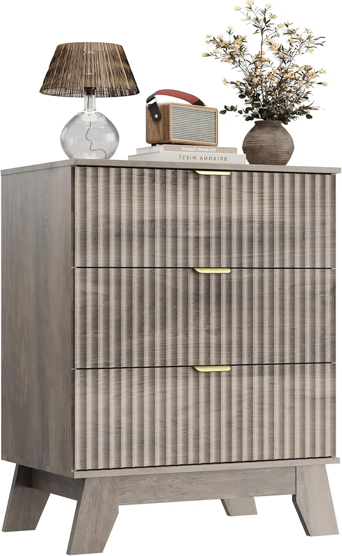 Grey Night Stand with 3 Drawers, Bedside Table & End Table, 24" Wide Mid Century Modern Fluted Wood Nightstand with Metal Handles, Farmhouse Night Stands for Bedroom, Gray