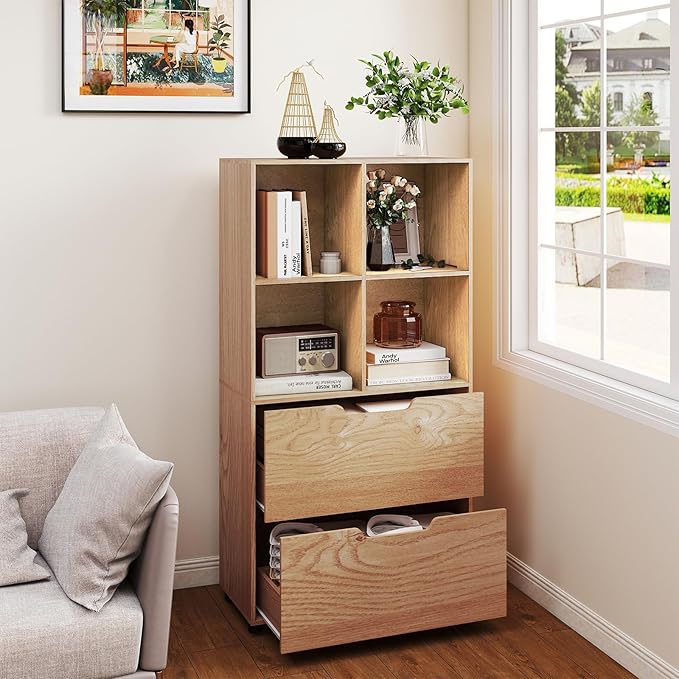 Giantex Bookshelf with 4 Cubes & 2 Drawers, 51” Tall Floor Bookcase with Anti-tip Kits, Freestanding Display Rack Storage Organizer for Study, Living Room, Home Office (1, Natural)