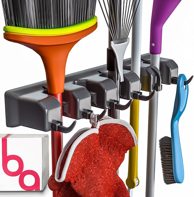EXTRA GRIP Mop & Broom Holder Wall Mount - Wall Hanging Garden Tool & Utility Closet Organizer, Mop & Broom Hook, Broom Hanger Wall Mount, Mop Broom Organizer, Wall Mounted Broom Rack Mop Storage