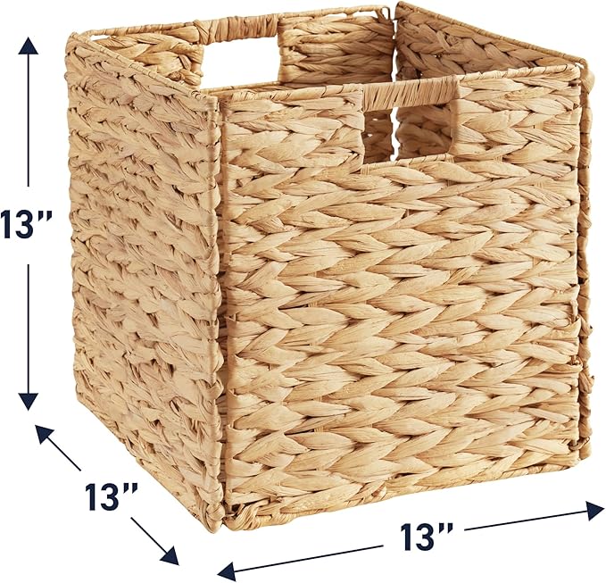 Ornavo Home 13 x 13 Inch Water Hyacinth Baskets Set of 6 – Handwoven Collapsible Wicker Storage Cube Bins with Handles for Bathroom, Bedroom, Laundry and Pantry - Natural
