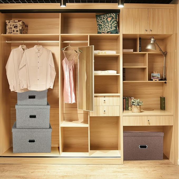 Linen Fabric Collapsible Storage Bins with Removable Lids and Handles, Washable Storage Box Containers Baskets Cube with Cover for Bedroom,Closet,Office,Living Room,Nursery (Grey, Small)
