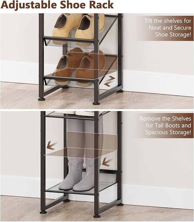 6 Tiers Vertical Shoe Rack, Corner Shoe Storage Organizer, Narrow Shoe Tower for 6 Pairs, Space Saving Sturdy Metal Shoe Shelf, Adjustable, Freestanding, for Entryway, Hallway, Living Room, Bedroom