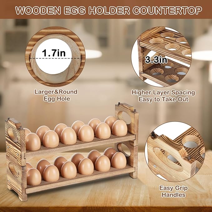Wooden Egg Holder Countertop, Stackable Wooden Egg Storage & Organizer, 2-Tier /24-Hole Farmhouse Eggs Rack Wood with Handle for Fresh Eggs to Store Chicken/Duck/Quail/Turkey/Easter Egg