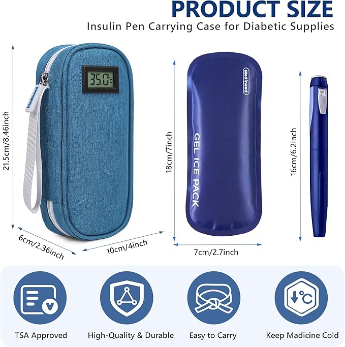 Insulin Cooler Travel Case TSA Approved with Temperature Display – Diabetic Medication Travel Case with 2 × 90g Ice Packs, Portable Medicine Organizer for 3–4 Insulin Pens and Diabetic Supplies(Blue)