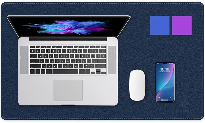 K KNODEL Desk Mat, Blotter, Dual-Sided Office Desk Pad, Waterproof Desk Mat for Desktop, Desk Blotters, PVC Leather Pad Protector (Dark Blue, 23.6" x 13.8")