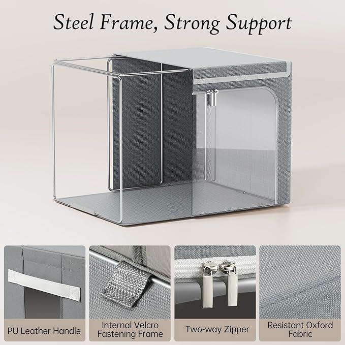 Yecaye Clothes Storage Bins with Metal Frame, Foldable Clothing Storage Bin with Lid, Stackable Oxford Fabric Organizer Box With Clear Window & Zippers & PU Leather Handles (3 Pack,Grey,66L)