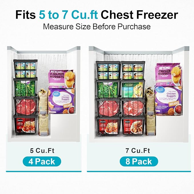iSPECLE Chest Freezer Organizer Bins - 4 Pack Small Stackable Freezer Organizer Bins for 5 to 7 Cu.FT Small Deep Freezer (14.7"L X 7.1"W X 6.1"H) Easy to Get Food from Bottom without Digging, Black