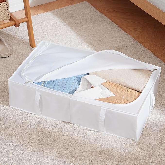 TYEERS Under Bed Storage Containers, Durable Fabric, Washable, Collapsible, Under Bed Storage Bins for Clothes, Blankets, Sheets, Shoes, 27.5x16.5x7 Inches, 1-Pack, White