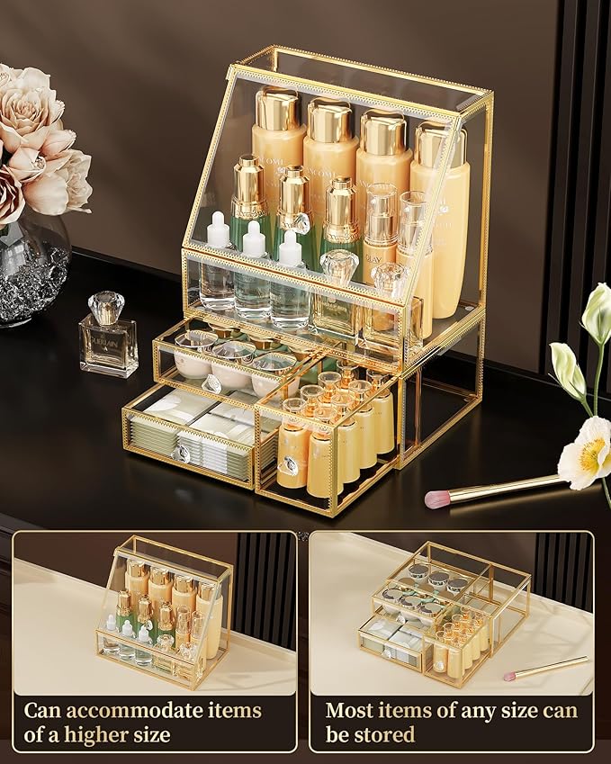 Makeup Organizer for Vanity, Clear Makeup Organizer with Drawer, Skincare Holder for Bathroom Countertop,Cosmetic Display Case for Dresser