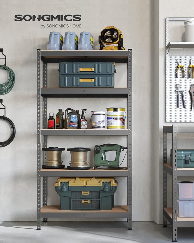 SONGMICS 5-Tier Storage Shelves, Load 2310 lb, Garage Storage, Boltless Assembly, Adjustable Shelving Unit, 17.7 x 35.4 x 70.9 Inches, for Study Shed Basement, Gray and Natural Beige UGLR450G01