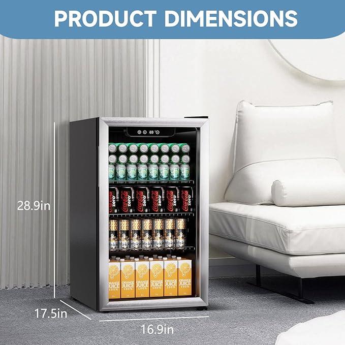 105 Can Mini Fridge - 3.0 Cu.Ft Beverage Refrigerator with Reversible Glass Door for Soda Wine Beer, Adjustable Temperature Control for Home Office Bar, Black(37-61 ℉)