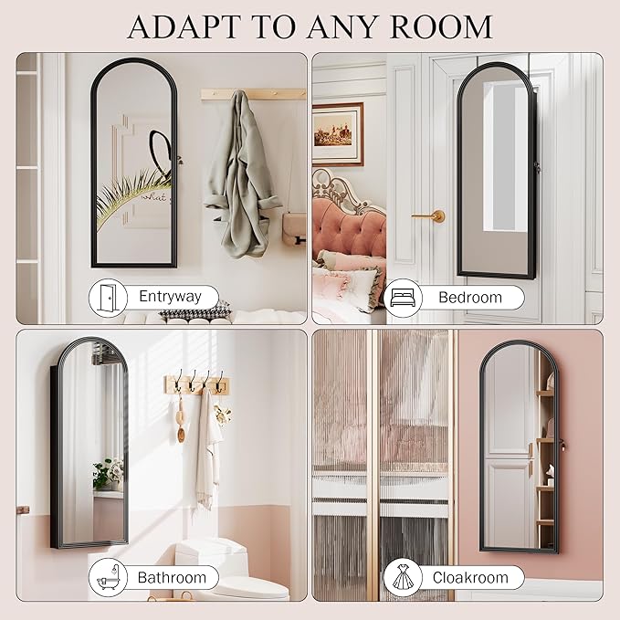 Jewelry Cabinet Organizer with Mirror, 47 inch Lockable Full-Length Mirror Jewelry Armoire Hanging Door/Wall Mounted with 6 LEDS, Arched Framed Mirror Cabinet with Storage, Gift for Women, Black