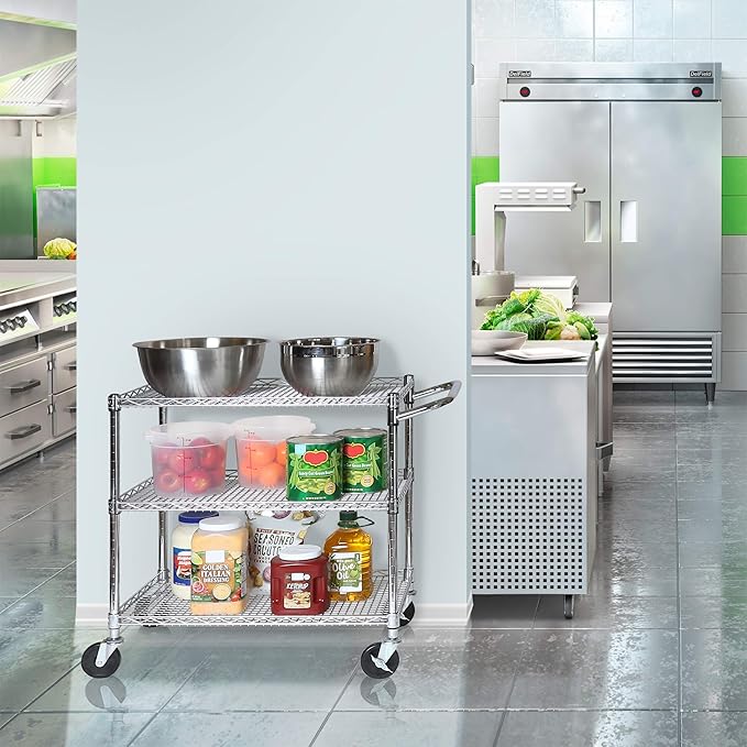 Seville Classics 3-Tier UltraDurable Commercial-Grade NSF-Certifed Service Utility Storage Cart, 34" W, Chrome (1 Pallet of 34 Packs)