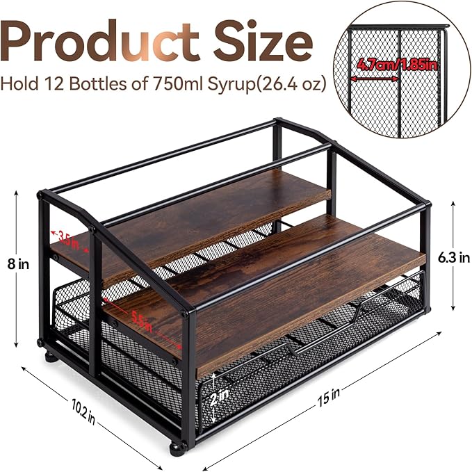 Coffee Syrup Rack Organizer, 3-Tier 8 Bottle Syrup Rack with 35 K Cup Drawer for Coffee Bar, Countertop Bottle Holder Stand for Dressing for Kitchen Cafe Station